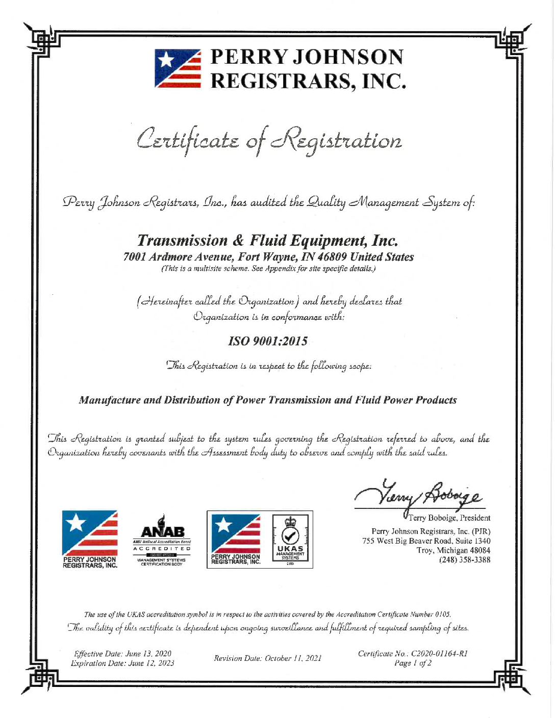 ISO Certificate Transmission & Fluid Equipment, Inc.