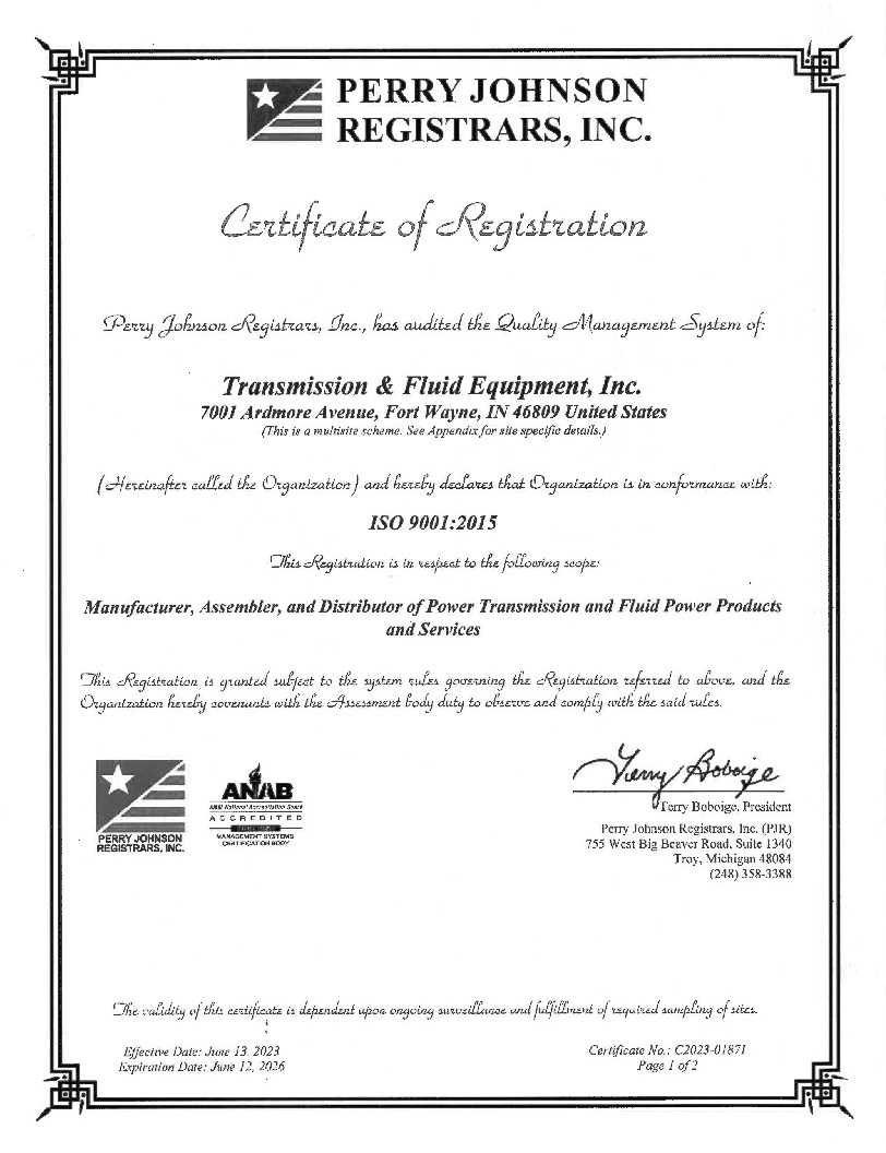 ISO 9001:2015 certificate from Perry Johnson Registrars for Transmission & Fluid Equipment, Inc. at 7001 Ardmore Ave, Fort Wayne, IN, with official signatures and logos nearby.